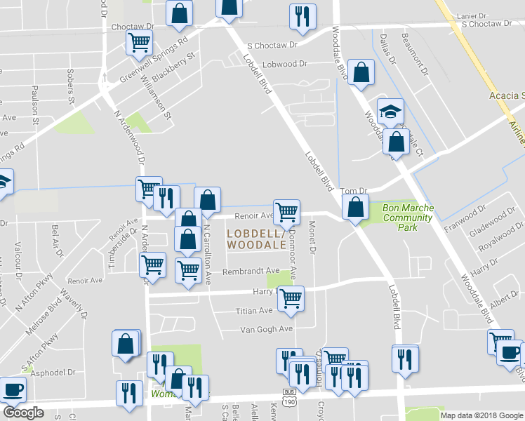 map of restaurants, bars, coffee shops, grocery stores, and more near 6859 Renoir Avenue in Baton Rouge