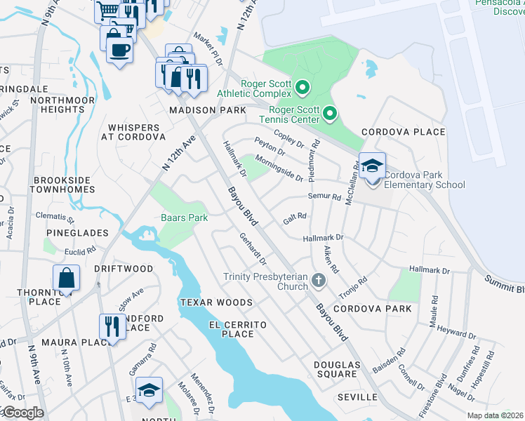 map of restaurants, bars, coffee shops, grocery stores, and more near 131 Kenilworth Road in Pensacola
