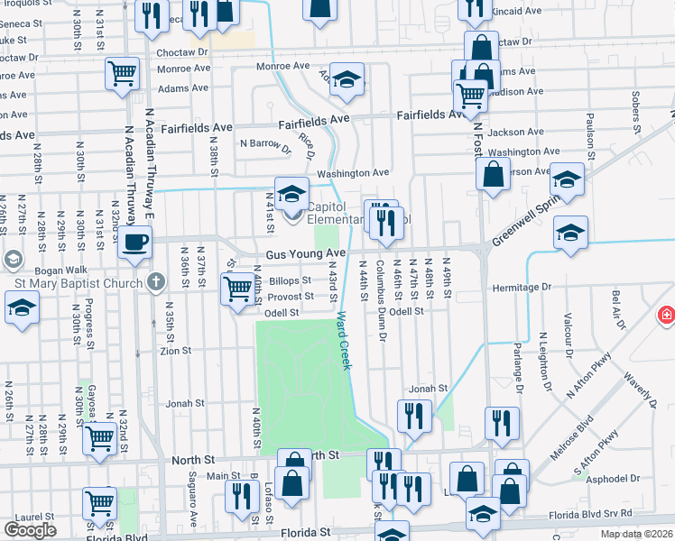 map of restaurants, bars, coffee shops, grocery stores, and more near in Baton Rouge