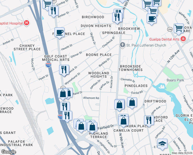 map of restaurants, bars, coffee shops, grocery stores, and more near 739 Boxwood Drive in Pensacola