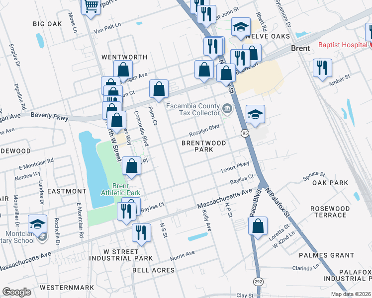 map of restaurants, bars, coffee shops, grocery stores, and more near 223 Rosalyn Boulevard in Pensacola