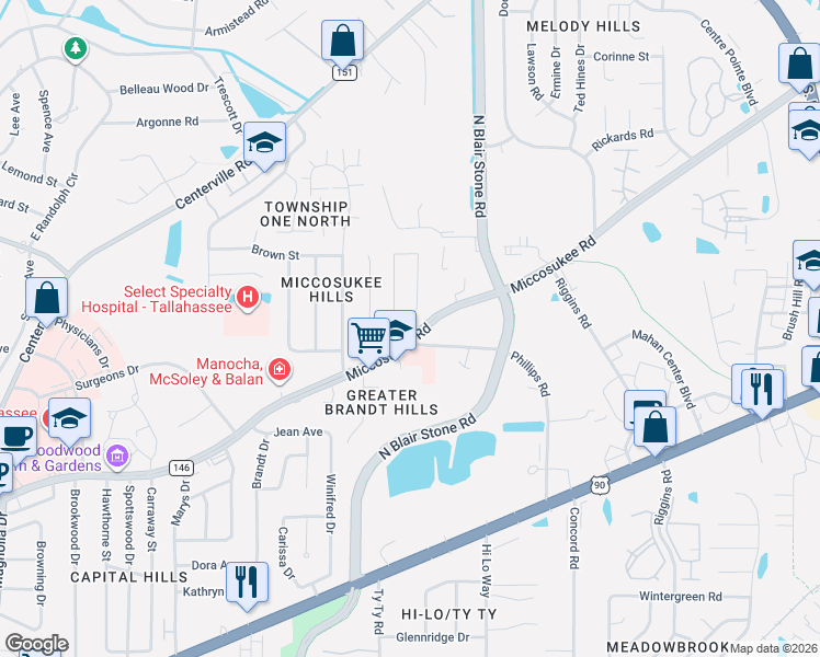 map of restaurants, bars, coffee shops, grocery stores, and more near 542 Teal Lane in Tallahassee