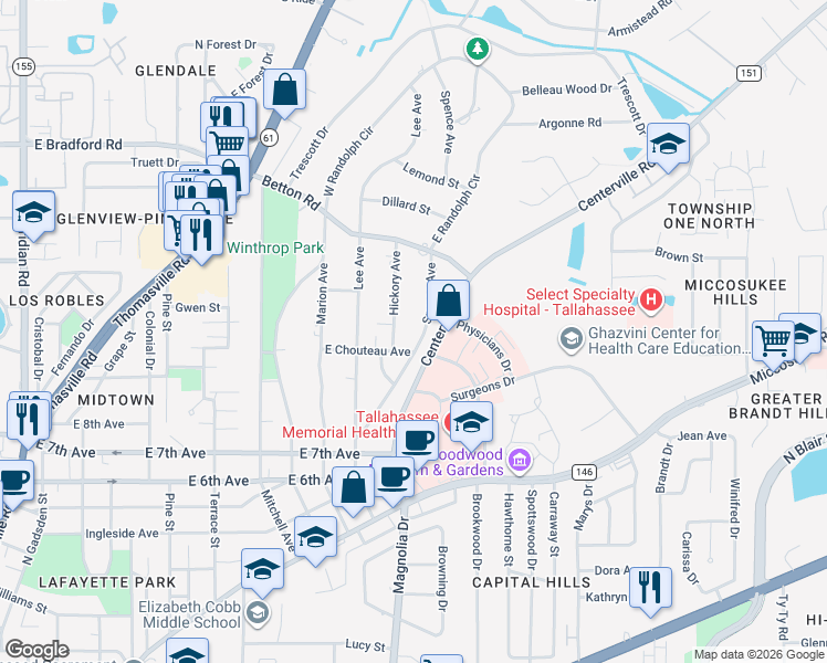 map of restaurants, bars, coffee shops, grocery stores, and more near 1535 Hickory Avenue in Tallahassee