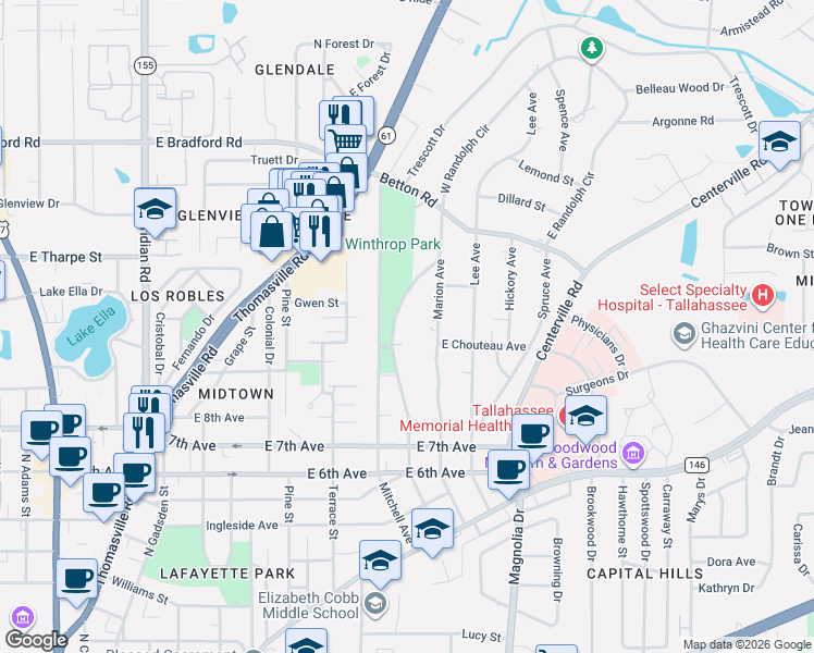 map of restaurants, bars, coffee shops, grocery stores, and more near 1543 Crestview Avenue in Tallahassee