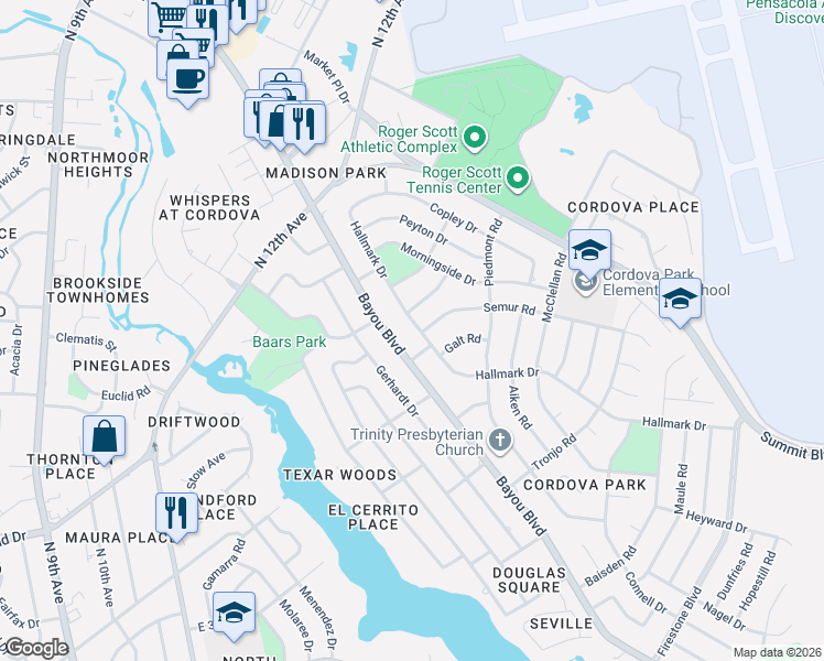 map of restaurants, bars, coffee shops, grocery stores, and more near 131 Kenilworth Road in Pensacola