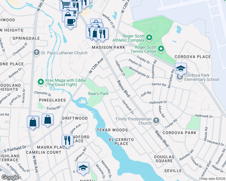 map of restaurants, bars, coffee shops, grocery stores, and more near 1024 Gerhardt Drive in Pensacola
