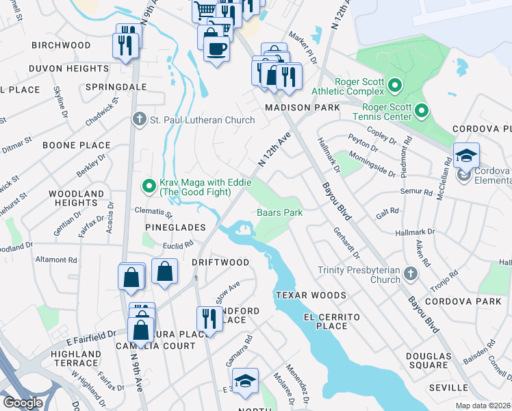 map of restaurants, bars, coffee shops, grocery stores, and more near 101 Pintado Drive in Pensacola