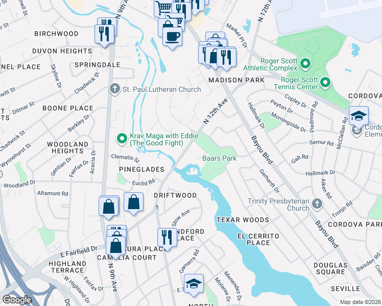 map of restaurants, bars, coffee shops, grocery stores, and more near 101 Pintado Drive in Pensacola