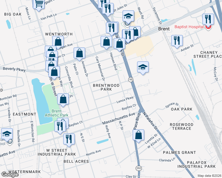 map of restaurants, bars, coffee shops, grocery stores, and more near 106 Virginia Way in Pensacola