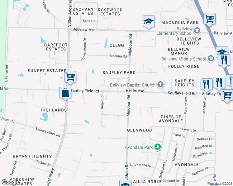 map of restaurants, bars, coffee shops, grocery stores, and more near 5200 Saufley Field Road in Pensacola