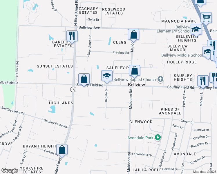 map of restaurants, bars, coffee shops, grocery stores, and more near 5200 Saufley Field Road in Pensacola