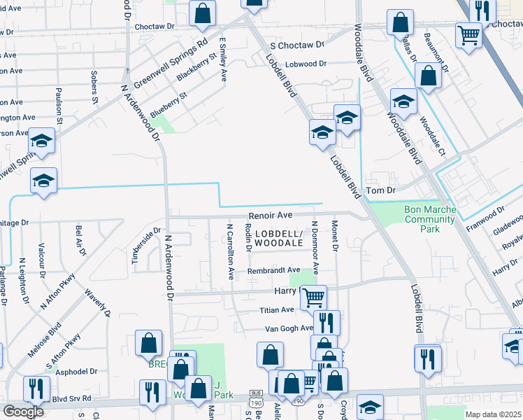 map of restaurants, bars, coffee shops, grocery stores, and more near 6859 Renoir Avenue in Baton Rouge