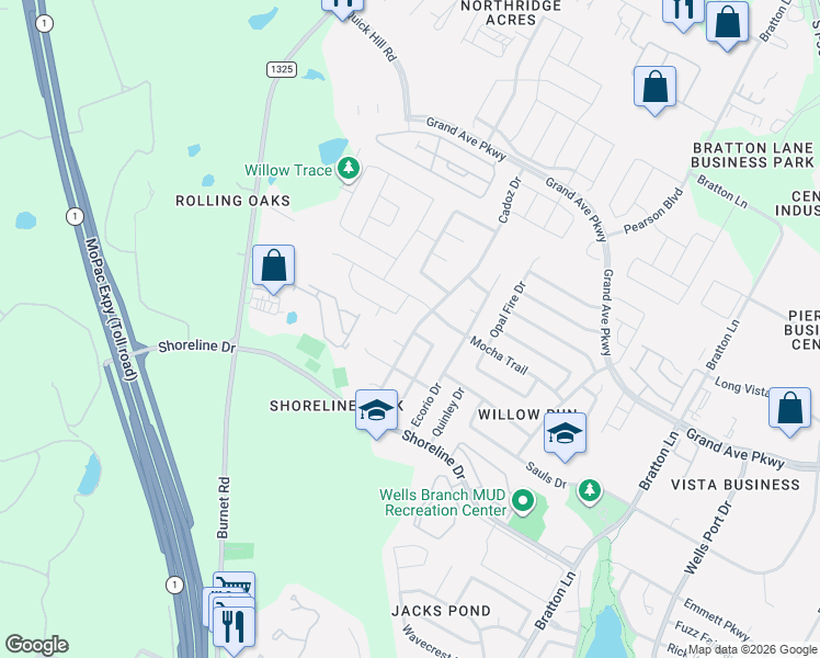 map of restaurants, bars, coffee shops, grocery stores, and more near 15530 Cadoz Drive in Austin