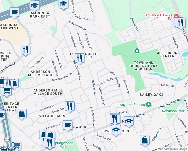 map of restaurants, bars, coffee shops, grocery stores, and more near 13218 Adonis Drive in Austin