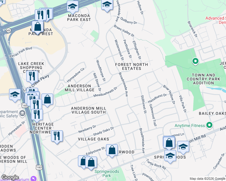 map of restaurants, bars, coffee shops, grocery stores, and more near 9506 Meadowheath Drive in Austin
