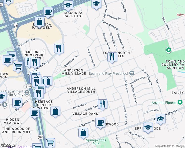 map of restaurants, bars, coffee shops, grocery stores, and more near 9613 Moorberry Street in Austin