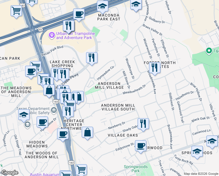 map of restaurants, bars, coffee shops, grocery stores, and more near 9718 Anderson Village Drive in Austin