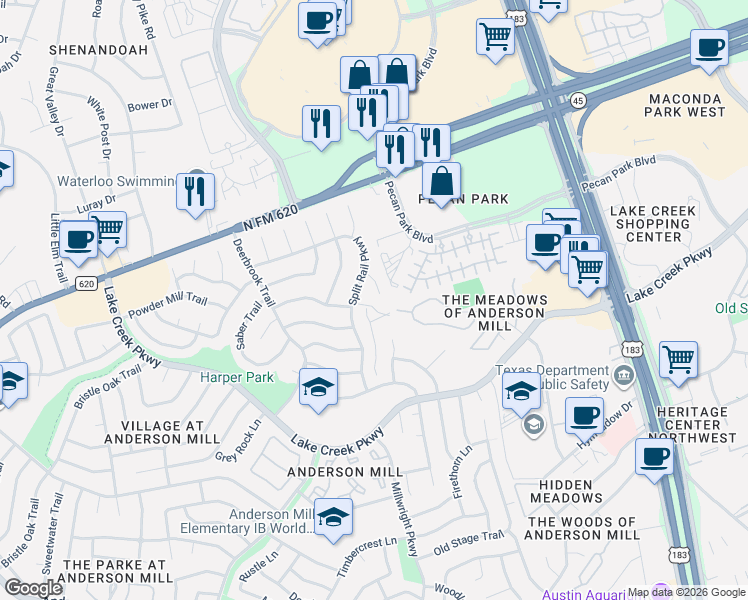 map of restaurants, bars, coffee shops, grocery stores, and more near 12407 Split Rail Cove in Austin