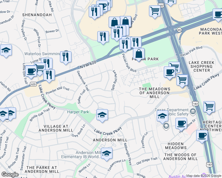 map of restaurants, bars, coffee shops, grocery stores, and more near 12403 Burlywood Trail in Austin