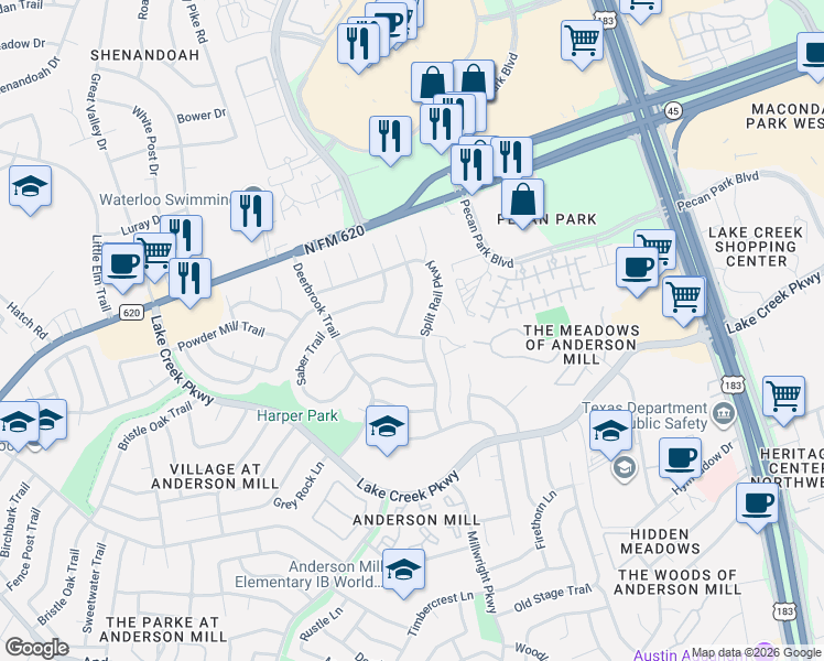map of restaurants, bars, coffee shops, grocery stores, and more near 12403 Burlywood Trail in Austin