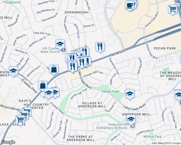 map of restaurants, bars, coffee shops, grocery stores, and more near 11310 Powder Mill Trail in Austin