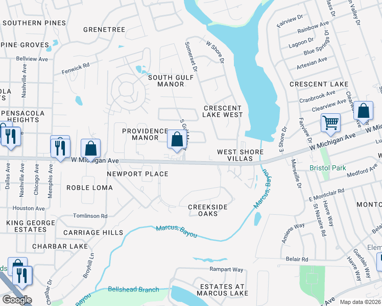 map of restaurants, bars, coffee shops, grocery stores, and more near 2300 West Michigan Avenue in Pensacola