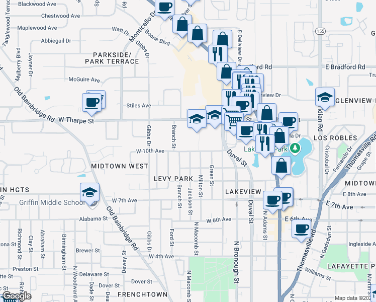 map of restaurants, bars, coffee shops, grocery stores, and more near 526 West 10th Avenue in Tallahassee