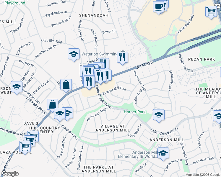 map of restaurants, bars, coffee shops, grocery stores, and more near 11310 Powder Mill Trail in Austin