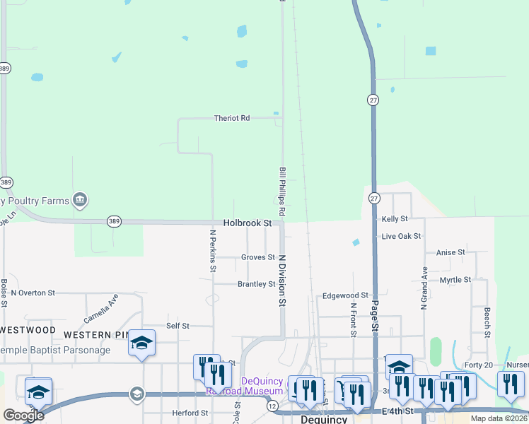 map of restaurants, bars, coffee shops, grocery stores, and more near 1015 Bill Phillips Road in DeQuincy
