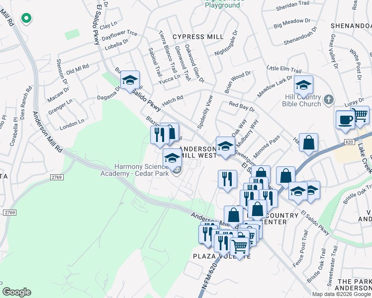map of restaurants, bars, coffee shops, grocery stores, and more near 2000 Windy Terrace in Cedar Park