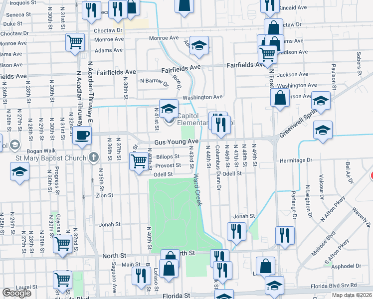 map of restaurants, bars, coffee shops, grocery stores, and more near 4242 Gus Young Avenue in Baton Rouge
