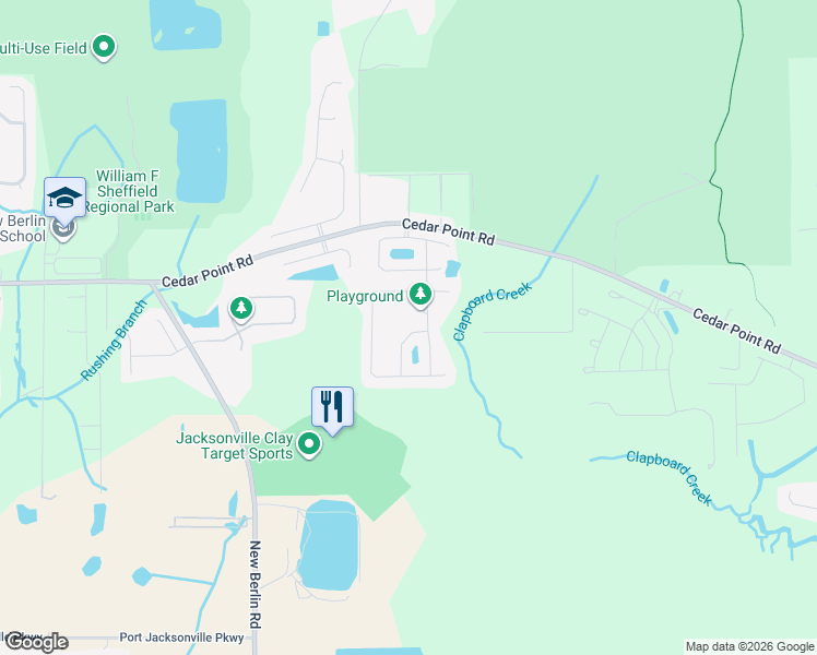 map of restaurants, bars, coffee shops, grocery stores, and more near 12581 Itani Way in Jacksonville