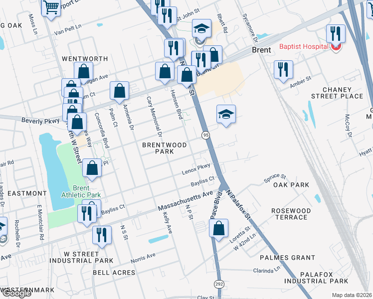 map of restaurants, bars, coffee shops, grocery stores, and more near 106 Virginia Way in Pensacola
