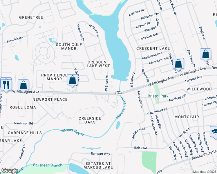 map of restaurants, bars, coffee shops, grocery stores, and more near 2295 West Michigan Avenue in Pensacola