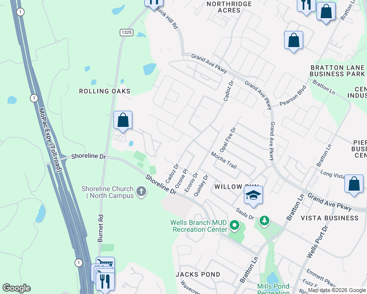 map of restaurants, bars, coffee shops, grocery stores, and more near 15514 Cadoz Drive in Austin