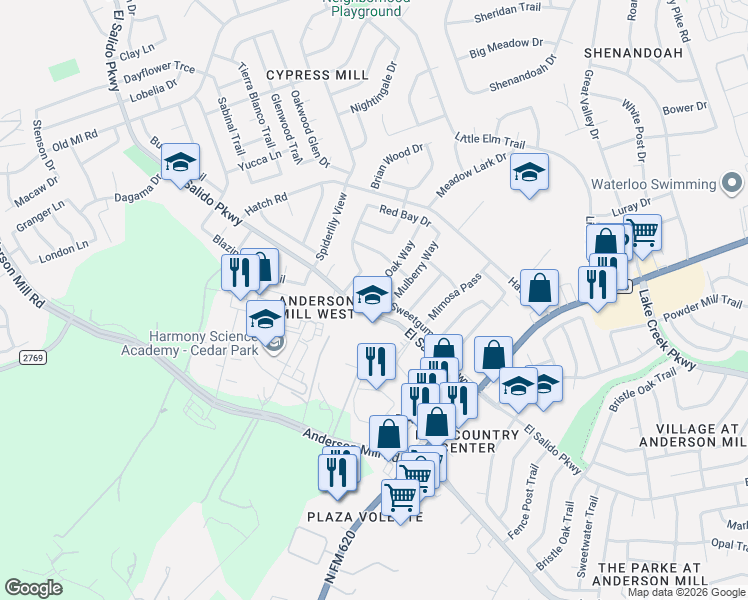 map of restaurants, bars, coffee shops, grocery stores, and more near 1500 Texas Oak Way in Cedar Park