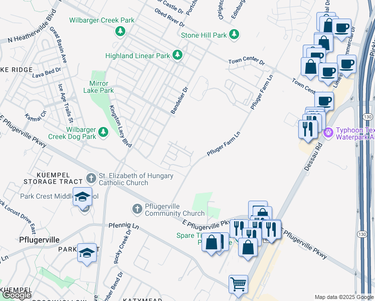 map of restaurants, bars, coffee shops, grocery stores, and more near 17900 Pfluger Farm Lane in Pflugerville