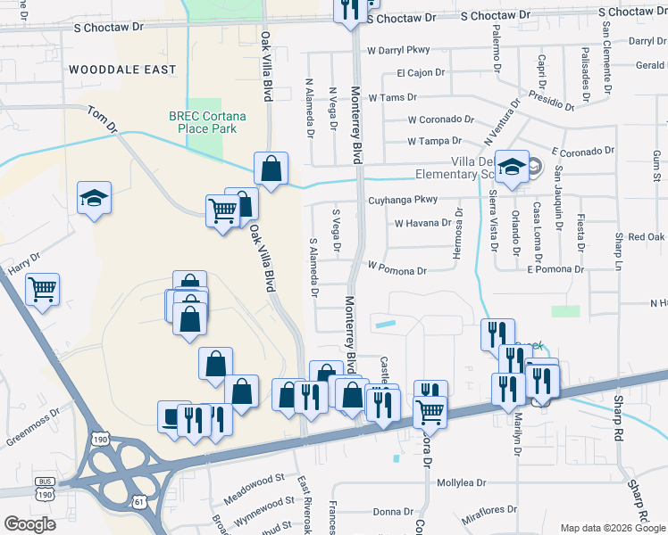 map of restaurants, bars, coffee shops, grocery stores, and more near 9155 West Pomona Drive in Baton Rouge