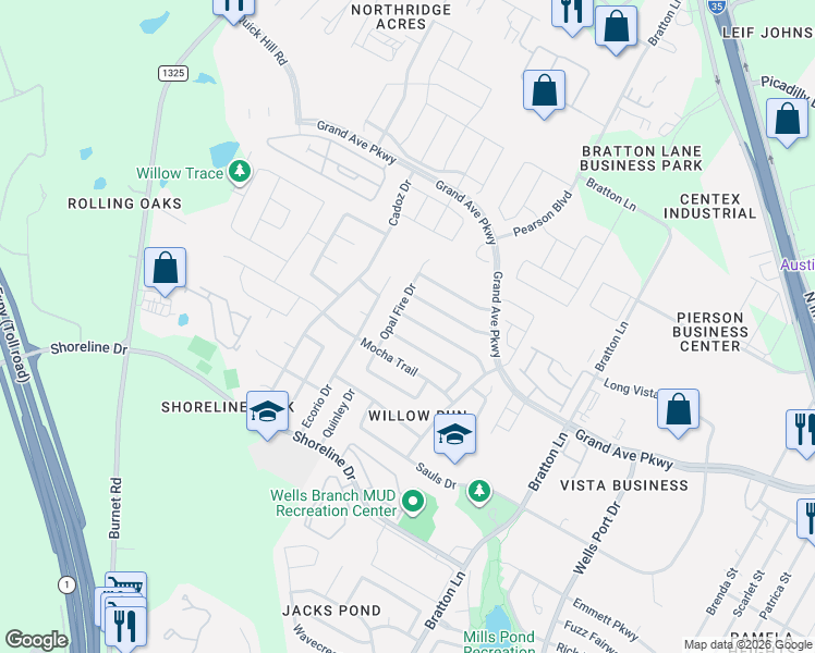 map of restaurants, bars, coffee shops, grocery stores, and more near 3601 Bratton Ridge Crossing in Austin