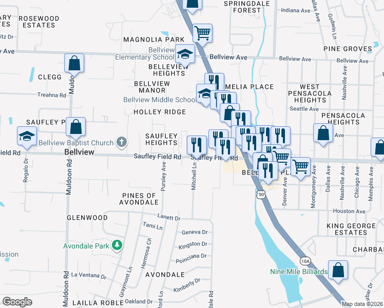 map of restaurants, bars, coffee shops, grocery stores, and more near 4608 Saufley Field Road in Pensacola