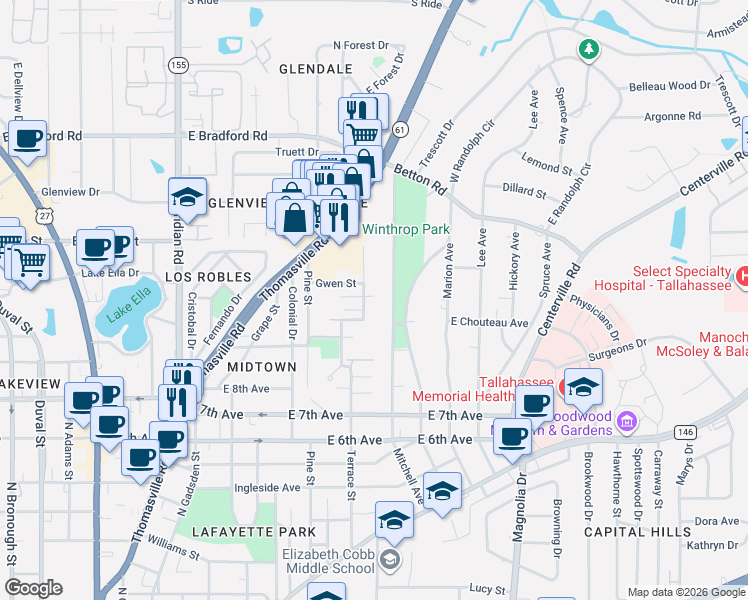 map of restaurants, bars, coffee shops, grocery stores, and more near 1534 Mitchell Avenue in Tallahassee