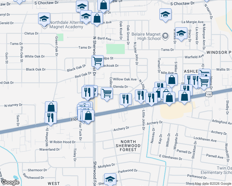 map of restaurants, bars, coffee shops, grocery stores, and more near 11543 Pamela Drive in Baton Rouge