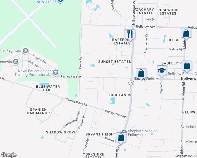 map of restaurants, bars, coffee shops, grocery stores, and more near 5675 Saufley Field Road in Bellview