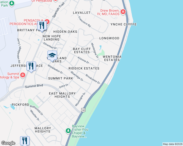 map of restaurants, bars, coffee shops, grocery stores, and more near 3549 Riddick Drive in Pensacola