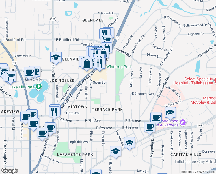 map of restaurants, bars, coffee shops, grocery stores, and more near 1534 Mitchell Avenue in Tallahassee