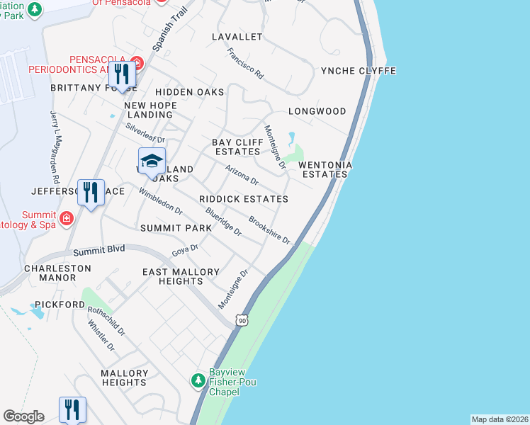 map of restaurants, bars, coffee shops, grocery stores, and more near 3549 Riddick Drive in Pensacola