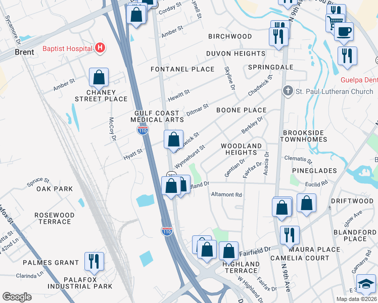 map of restaurants, bars, coffee shops, grocery stores, and more near 521 Chadwick Street in Pensacola