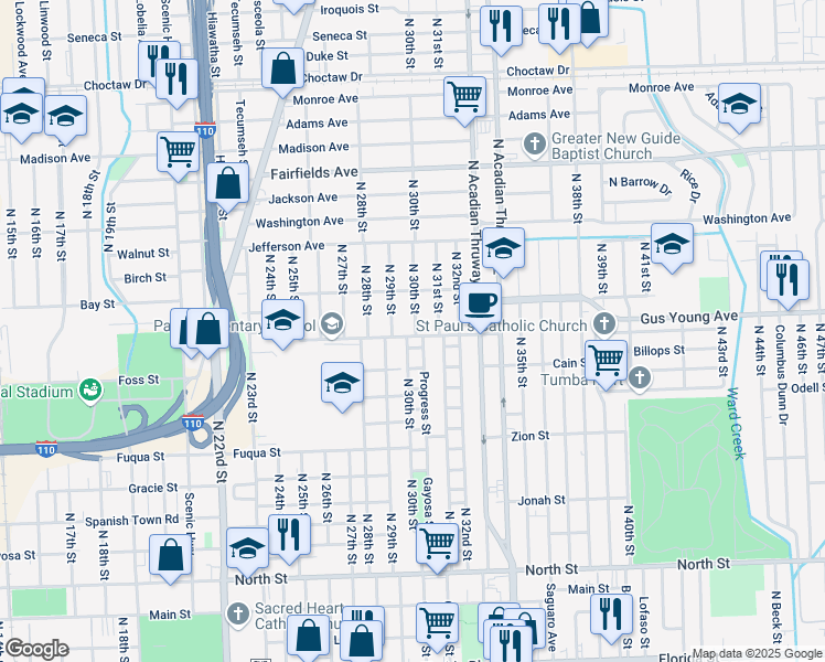 map of restaurants, bars, coffee shops, grocery stores, and more near 1417 North 31st Street in Baton Rouge