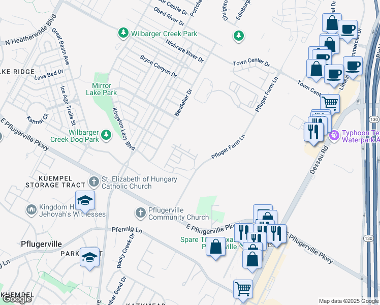 map of restaurants, bars, coffee shops, grocery stores, and more near 17900 Pfluger Farm Lane in Pflugerville