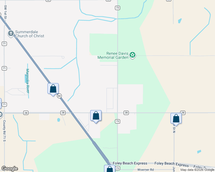 map of restaurants, bars, coffee shops, grocery stores, and more near 16421 County Road 73 in Summerdale